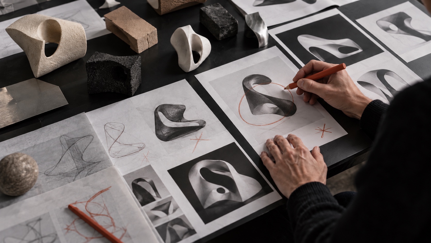 Main comparant et annotant plusieurs études de formes et prototypes