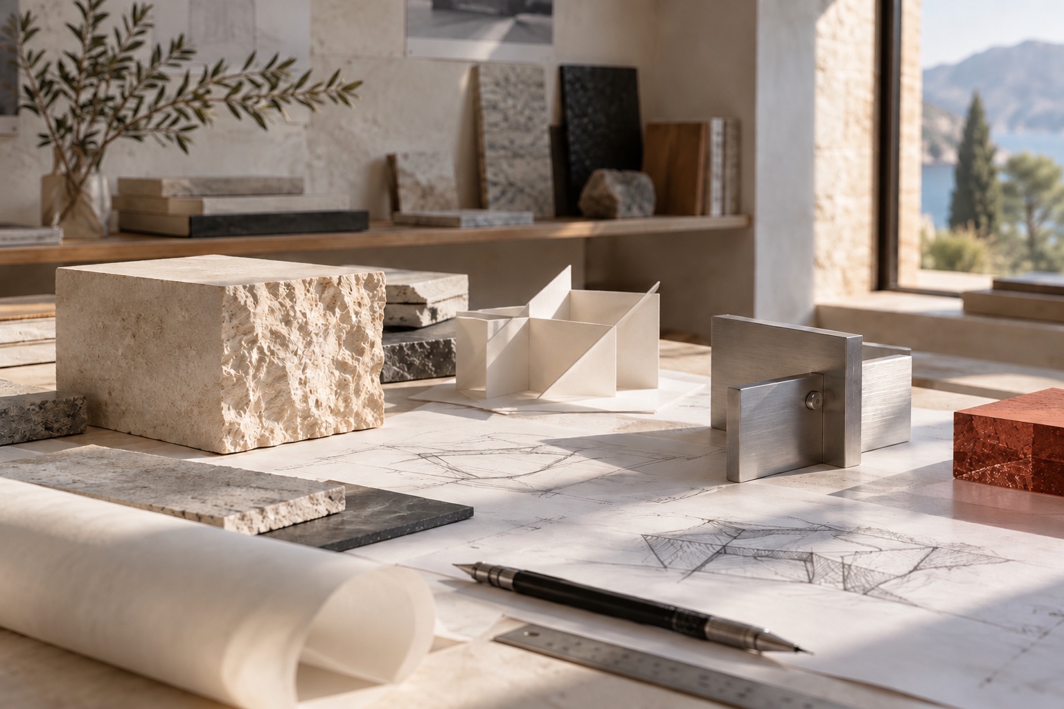 Études de matière, maquette de papier et assemblage métallique sur une table de conception