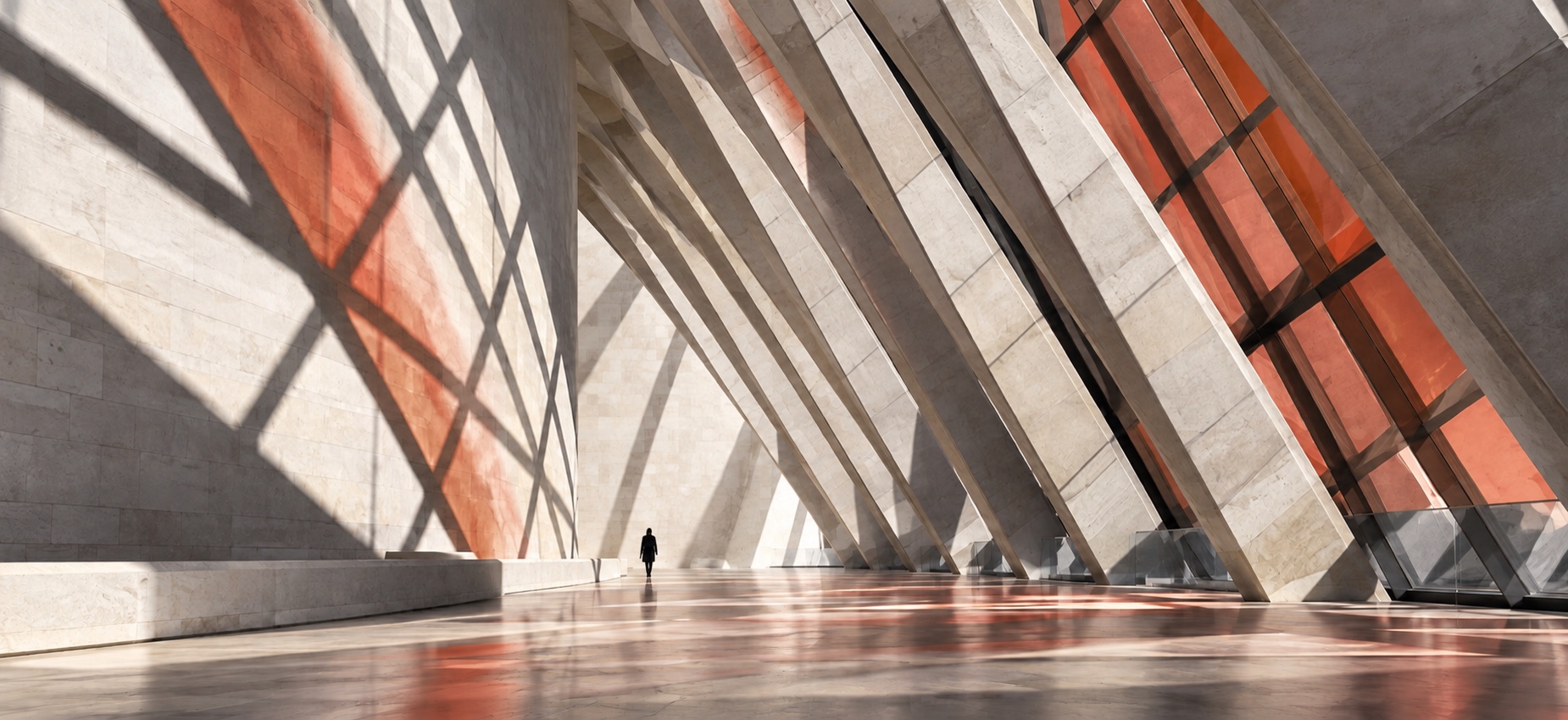 Architecture de pierre et de verre traversée par la lumière et des reflets terre cuite